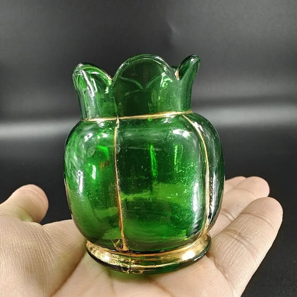 Antique EAPG Riverside Glass Vase Vessel Hand Painted Gold Lines‎ Green Vase VTG